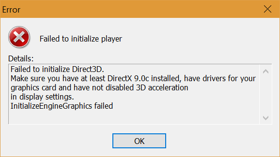 unable to initialize direct3d